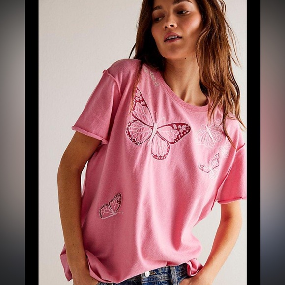 Free People Tops - Free People We The Free Horsin' Around Tee in Pink Combo Butterfly